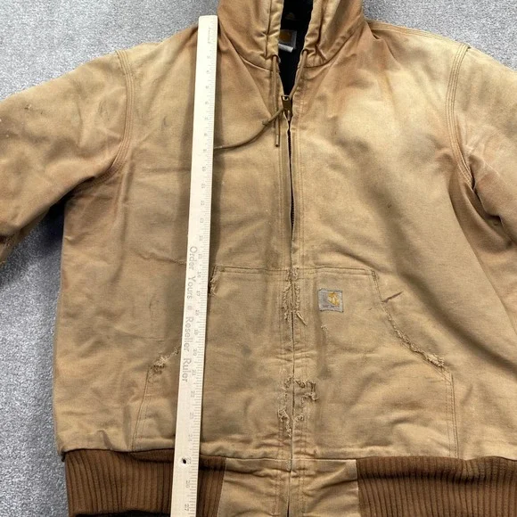 Carhartt Mens Tan Canvas Hooded Work Jacket Lined Full Zip Distressed Size M
